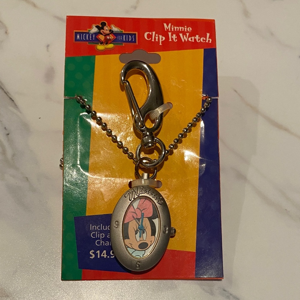 Disney Minnie Clip-It Watch Keychain in Pink and Silver